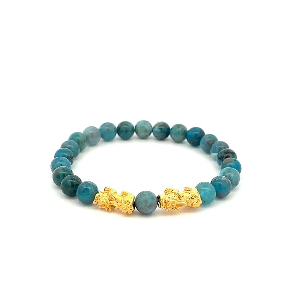 18K Gold Dragon Pixiu Double Piyao Lucky Charm Bracelet Gemstones Apatite 6mm